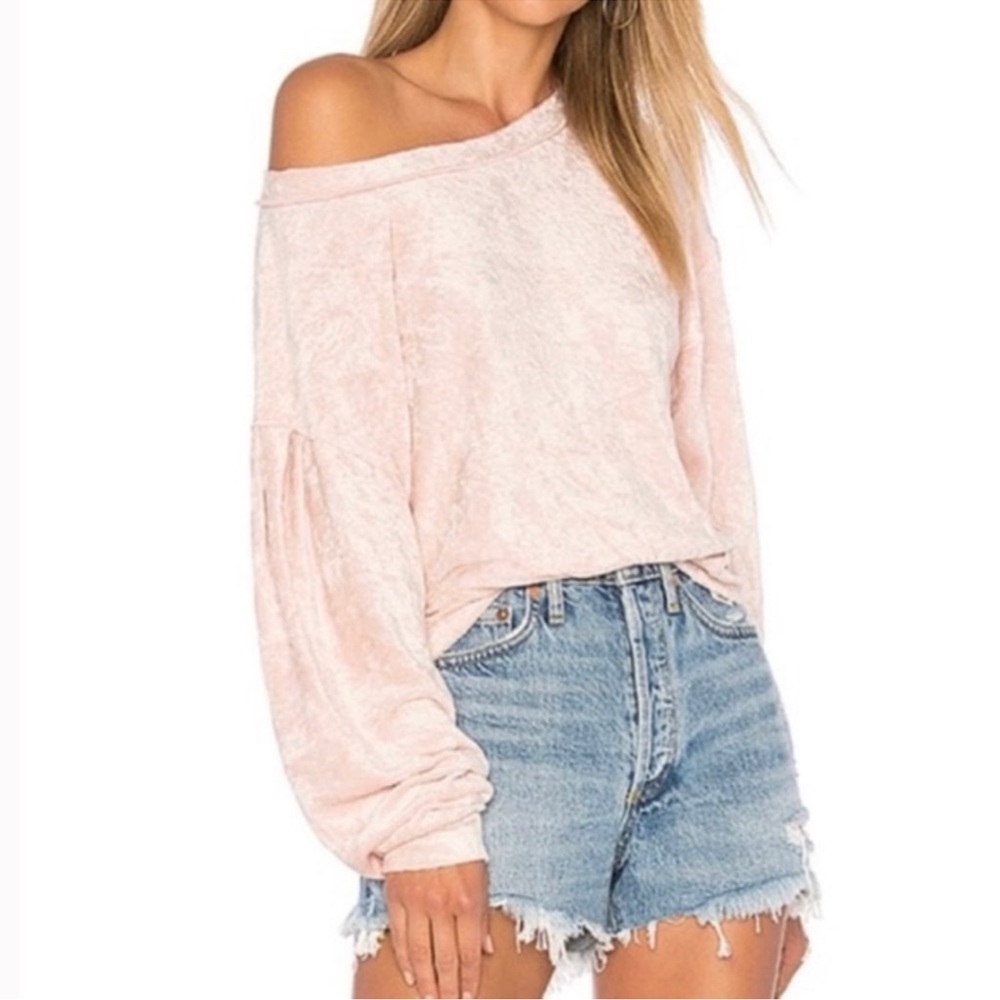 We The Free Blush Velvet Ballon Sleeves Crew Neck Top